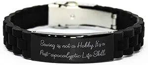 Sewing is not a Hobby. It's a Post-Apocalyptic. Black Glidelock Clasp Bracelet, Sewing Engraved Bracelet, Love Gifts for Sewing, Sewing kit, Sewing Machine, Fabric, Pattern, Scissors, Seamstress