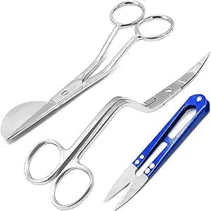 AAProTools Set Of 3 6" Double Bent Curved Machine Embroidery And Applique Duckbill Scissors With Thread Cutter Nipper Blue