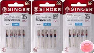 Singer 30 Counts Size 90/14 Universal 2020 Sewing Machine Needles (3 Packs) Bundle with Inceler Brand Plastic Bobbin for All Household Sewing Machines