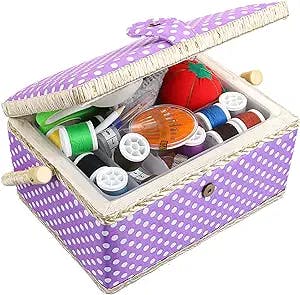 Basic Sewing Basket with Complete Sewing Kits Accessories Included Wooden Beginners Sewing Kit with Removable Tray and Tomato Pincushion for Sewing Mending - Purple