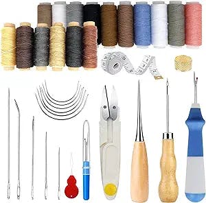 PLANTIONAL 34 PCS Basic Leather Sewing Kit: Upholstery Thread Cord, Leather Waxed Thread with Sewing Awl, Seam Ripper, Tape Measure Large-Eye Stitching Needles for DIY Leather Craft Repair