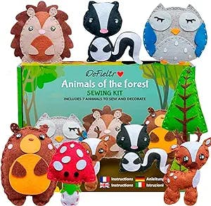 DeFieltro Kids Sewing Kit - Sewing Kit for Beginners - Craft Kits - Sewing Kit for Kids - DIY Felt Plush Craft for Girls and Boys - Sewing Kit for Kids 4-7 Forest Creatures - Sewing Kits Ages 8-12