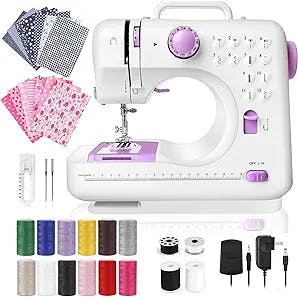 Dechow Sewing Machine for Beginners, Electric Mini Portable, 12 Built-in Stitches with Reverse Sewing, 2 Speeds Double Thread with Foot Pedal, 14 Pcs Floral Cotton Fabric, 12 Colors of Polyester Sewing Threads Set 200 Yards Each(Purple)