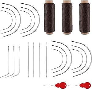 25pcs Thread and Needle Kit, C J Shaped Curved Needles Brown Thread and Needle Weaving Combo with Threader Sewing Accessories and Supplies for Making Wigs Sewing Hair Weft Braid Extension