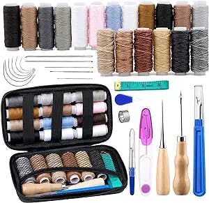 BUTUZE Heavy Duty Sewing Kit, Upholstery Repair Kit, Curved Needles Sewing, Sewing Thread, Waxed Thread, Awl, Needle for Leather Hand Sewing, Leather Shoe Repair Kit