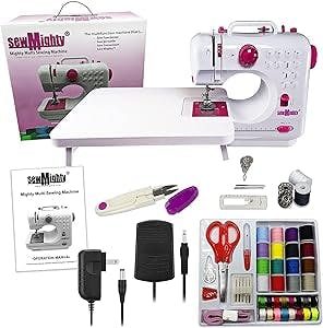 Sew Mighty Portable Mini Sewing Machine & Sewing Kit – 12 Pre Programmed Stitch Patterns – Battery and AC Operated, Dual Speed, Sews Forward & Reverse, AC & DC Power – Includes Foot Pedal