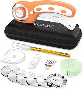 Rotary Cutter,Rotary Cutter for Fabric 45mm with Safety Lock Suitable for Cutting Fabric,Paper,Vinyl,Felt,Leather,Etc,Including Special Storage Box,6 Replacement Blades,Precision Knife,Tape Measure