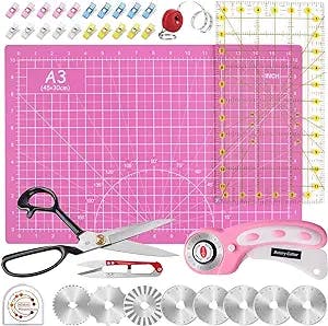 WhisperDream 45mm Rotary Cutter Set - Pink Rotary Cutter Kit including 45mm Rotary Cutter for Fabric, 8 Replacement Blades, A3 Cutting Mat, 9 inch Sewing Scissors, Ruler, Clips and Tape Measure