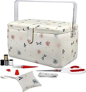 SINGER Large Premium Sewing Basket with Notions Sewing Kit & Matching Pin Cushion (Anthriscus Print)