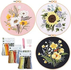 Silentsea Embroidery Kits for Floral Pattern Set of 3 with Cloth Thread Hoops Needles Instructions