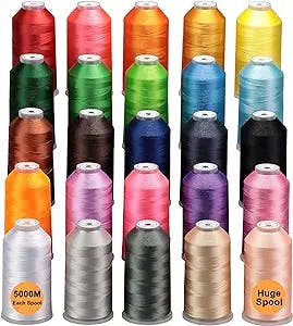 New brothreads - 25 Basic Colors of Huge Spool 5000M Polyester Embroidery Machine Thread for Commercial and Domestic Embroidery Machines